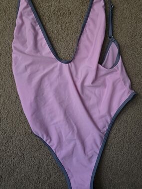 Pink One-Piece Swimsuit with Gray Trim High Wasted Thong